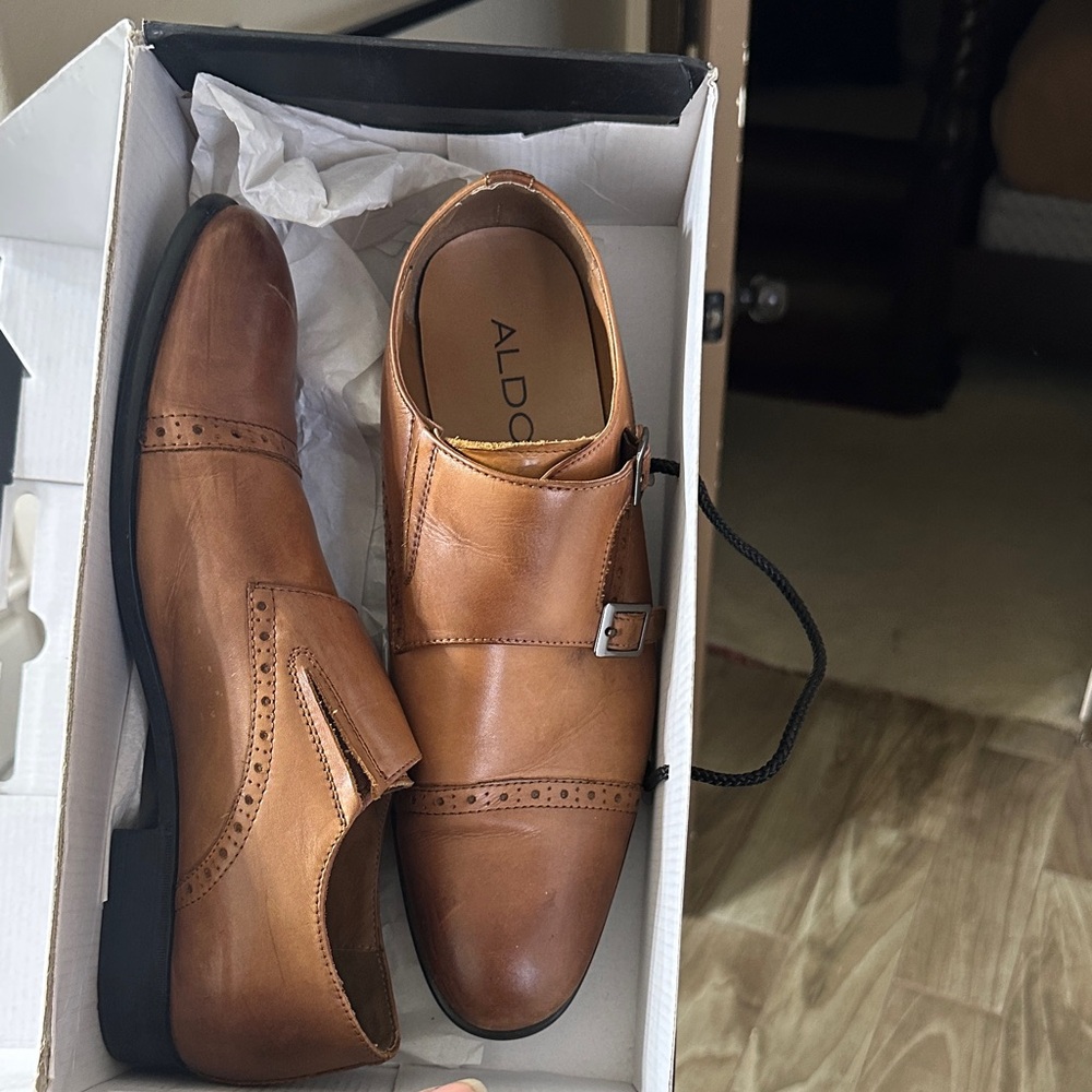 Aldo Men's Brown Leather Double Monk Strap Shoes